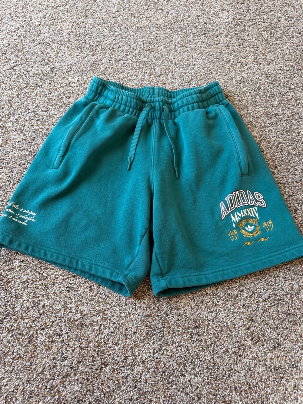 adidas Originals S Teal MMXXIV Collegiate Crest Fleece Sweat Shorts Trefoil
